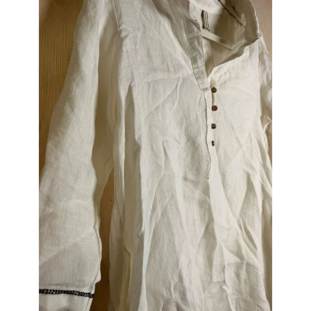 Embellish Tunic Top Womens Small White Excellent Linen Henley Contrast Stitching - Picture 5 of 8